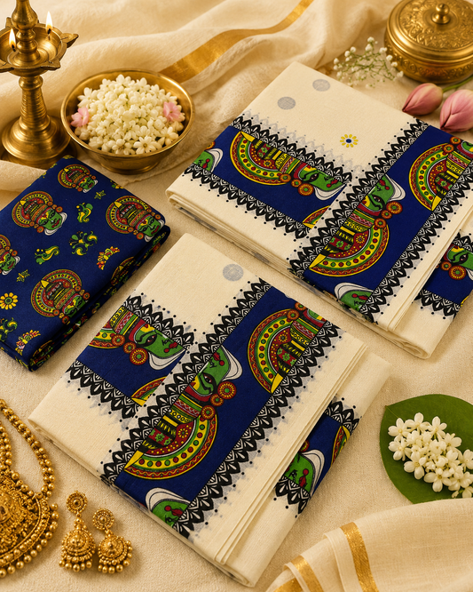 ONAM SET MUND KATHAKALI PRINT with Blouse - Violet