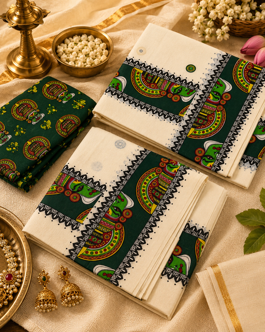 ONAM SET MUND KATHAKALI PRINT with Blouse - GREEN