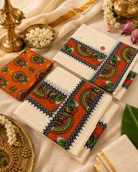 ONAM SET MUND KATHAKALI PRINT with Blouse - Orange