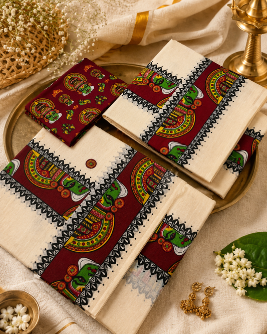 ONAM SET MUND KATHAKALI PRINT with Blouse - Maroon