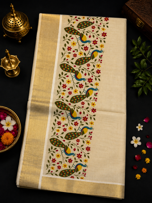 Peacock Print golden tissue Set Saree (limited Stock)