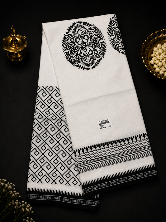 White Single Dhoti - black print