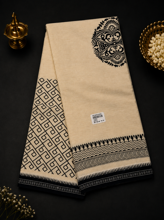 Creme Single Dhoti - black print