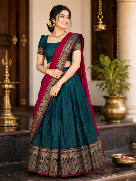 NARAYANPETT DHAVANI - PEACOCK BLUE / Rose