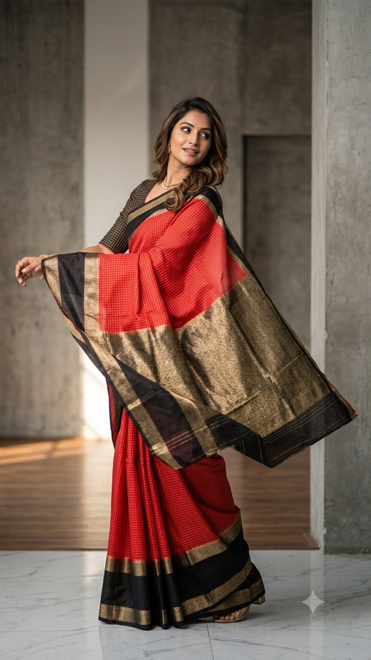 Premium crepe silk saree micro checks - Red & Black