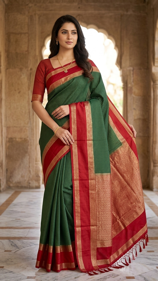 Premium crepe silk saree micro checks -green & red