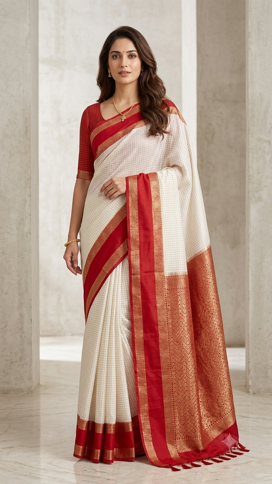Premium crepe silk saree micro checks - White & red