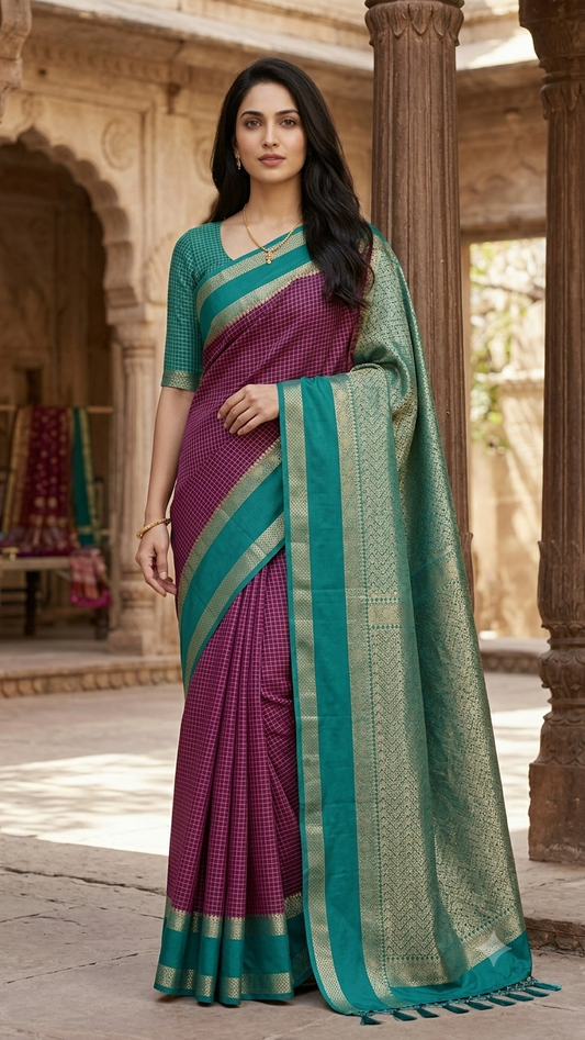 Premium crepe silk saree micro checks - Violet & Cyan
