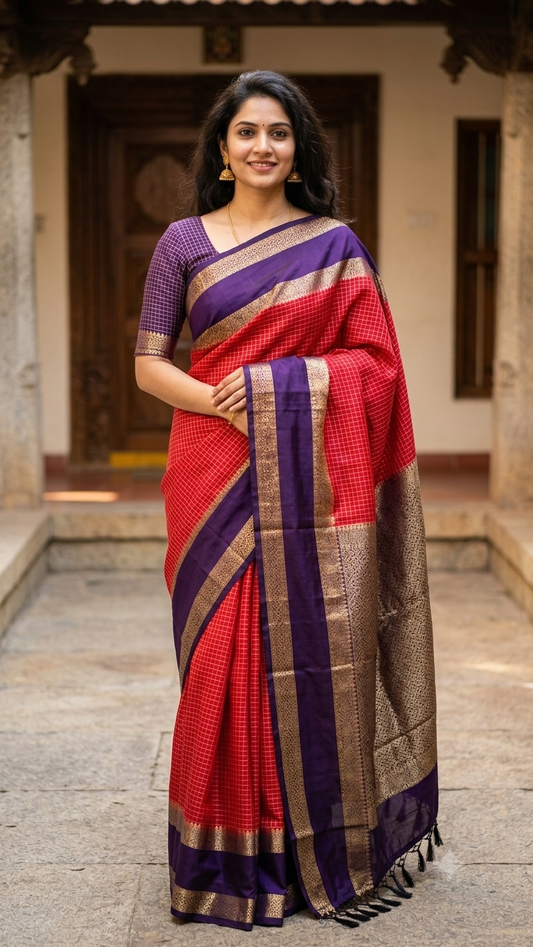 Premium crepe silk saree micro checks - Rani Pink & Indigo shade