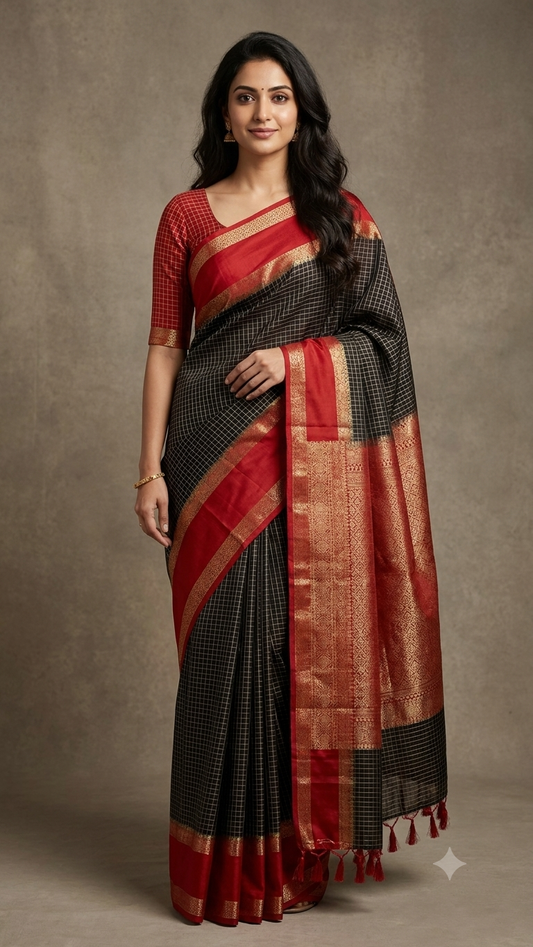 Premium crepe silk saree micro checks -  black and red