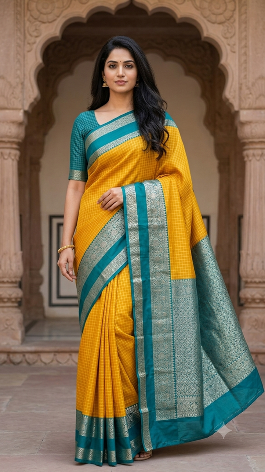 Premium crepe silk saree micro checks - Yellow & Cyan