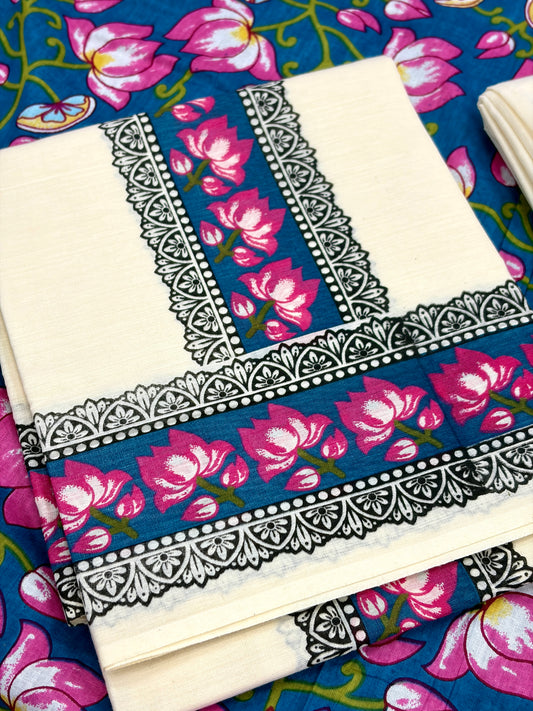 ONAM SET MUND Lotus print with Blouse - BLUE