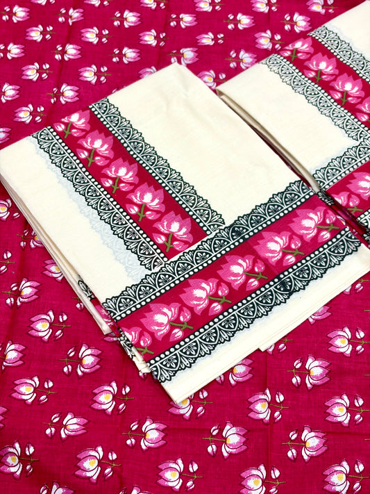 ONAM SET MUND Lotus print with Blouse - RED ROSE