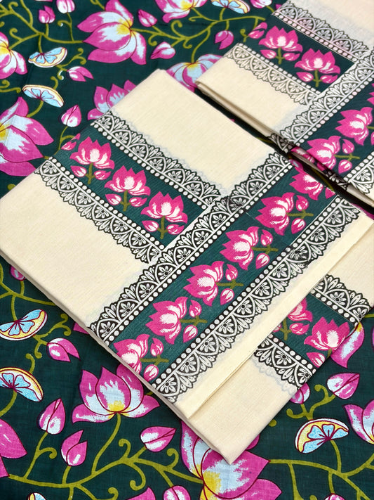 ONAM SET MUND Lotus print with Blouse - GREEN