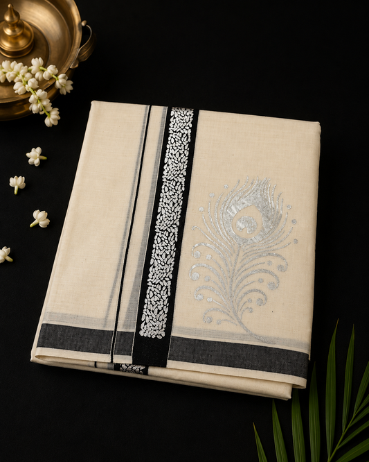 Onam Double Dhothi Silver print Black Kara 01