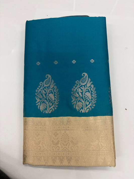 Teal Blue Soft Silk Saree with Gold Border | AR Handlooms