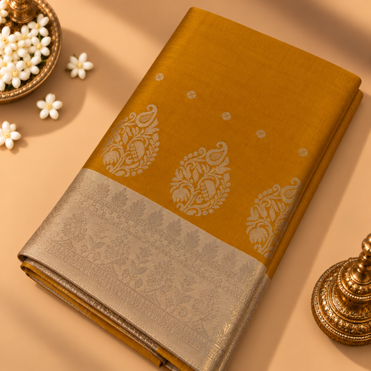 Mustard Yellow Silk Saree with Gold Border | AR Handlooms