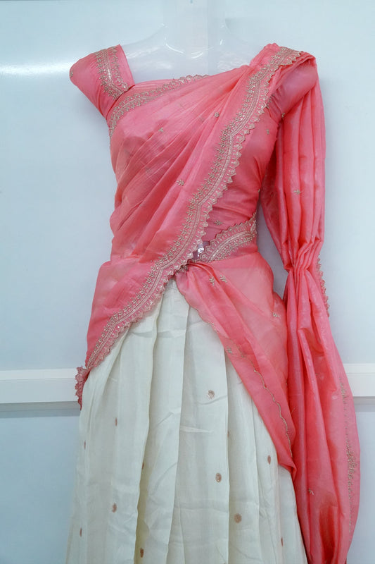 Coral Viscose Shimmer Dhavani Set with Crush Tissue Dupatta D008