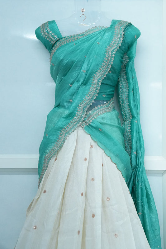 Light Turquoise Viscose Shimmer Dhavani Set with Crush Tissue Dupatta D011