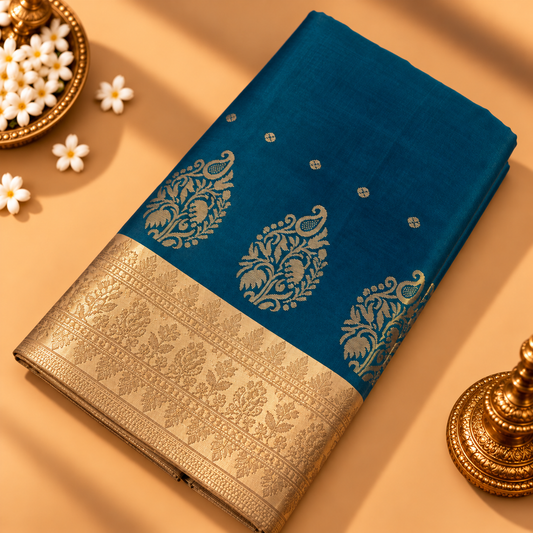 Teal Blue Soft Silk Saree with Gold Border | AR Handlooms