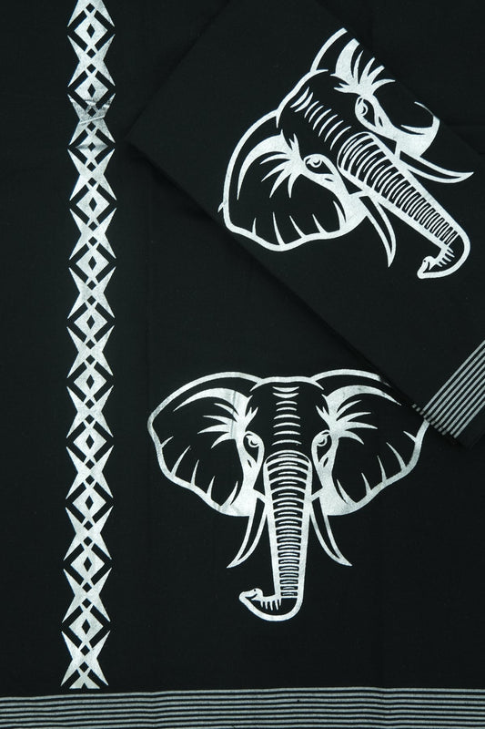 Silver Elephant Print Single Dhothi – Graceful Heritage in Black