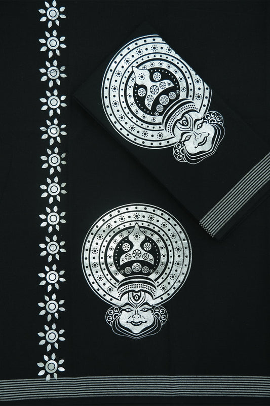 Silver Kathakali Print Single Dhothi – Artistic Brilliance in Black