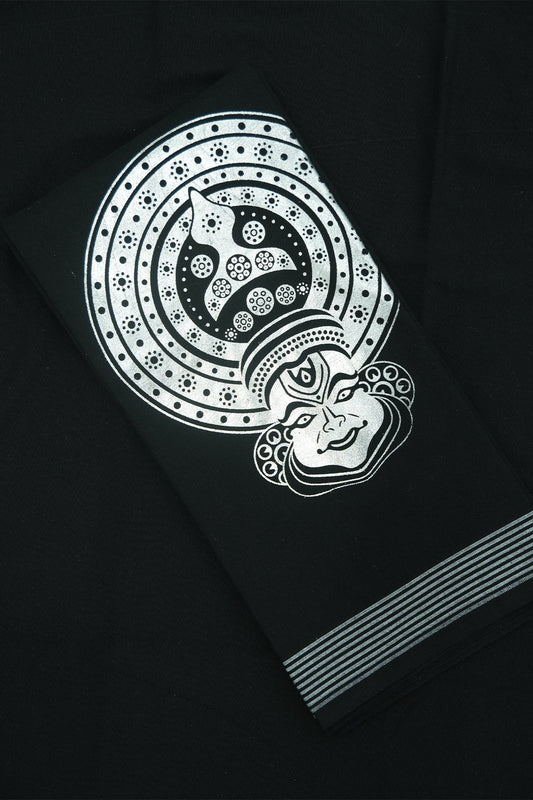 Silver Kathakali Print Single Dhothi – Artistic Brilliance in Black