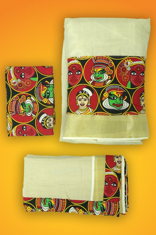 Cultural Fusion Dhavani Set – Theyyam, Kathakali & Thiruvathira Print (golden Tissue Material)