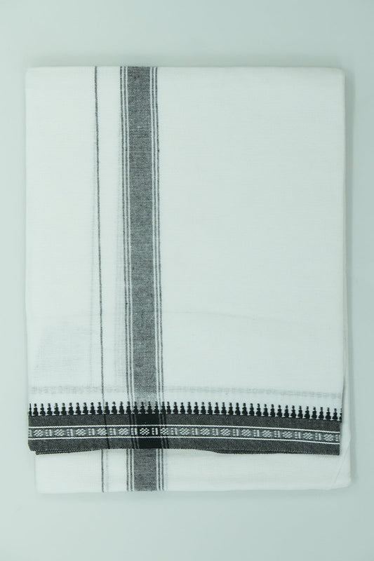 Single Dhothi (Kaily) – White with Black Kara & Temple Border
