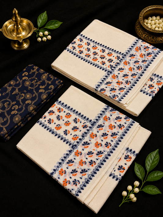 Block Printed Set mund dual color (with blouse) Blue & Orange
