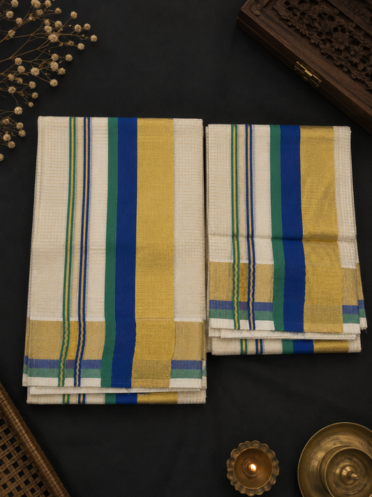 Set Mundu – Blue & Teal  with Golden Split Kara & Micro Checks