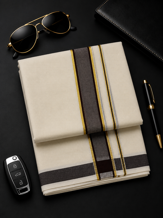 Double Dhothi with Coffee Brown Kara & Golden Kasav