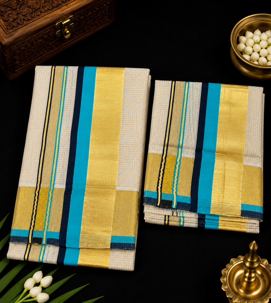 Set Mundu – Cyan & Black with Golden Split Kara & Micro Checks