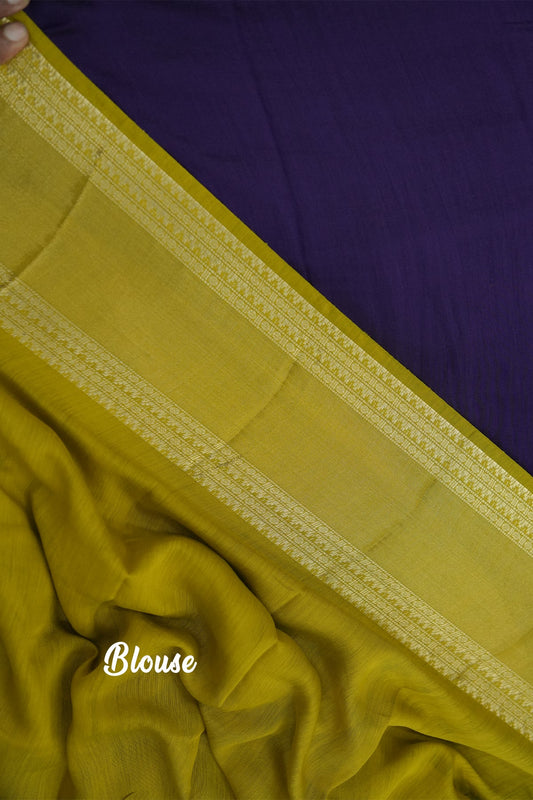 Mal Mal Cotton Saree – Violet Body with Yellow Border & Golden Work