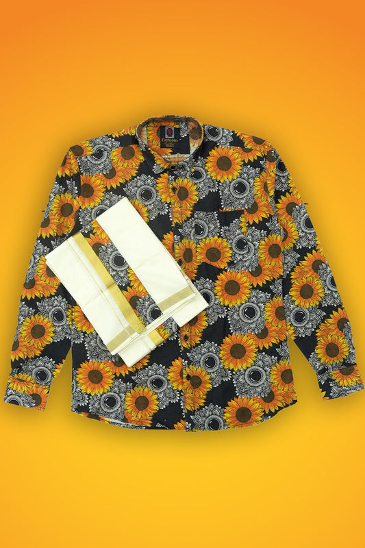 Black Theme Full Sleeve Shirt & Double Dothi Combo – White & Color Sunflower Print