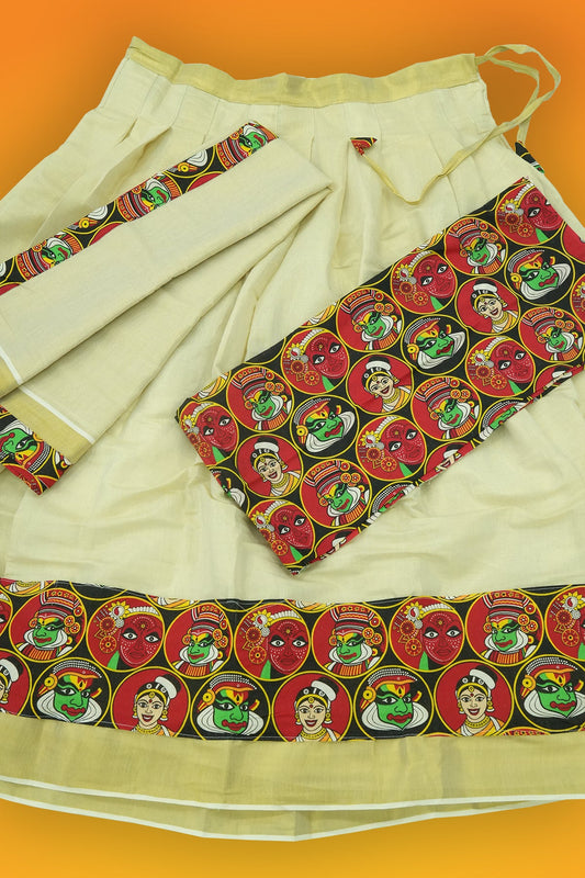Cultural Fusion Dhavani Set – Theyyam, Kathakali & Thiruvathira Print (golden Tissue Material)