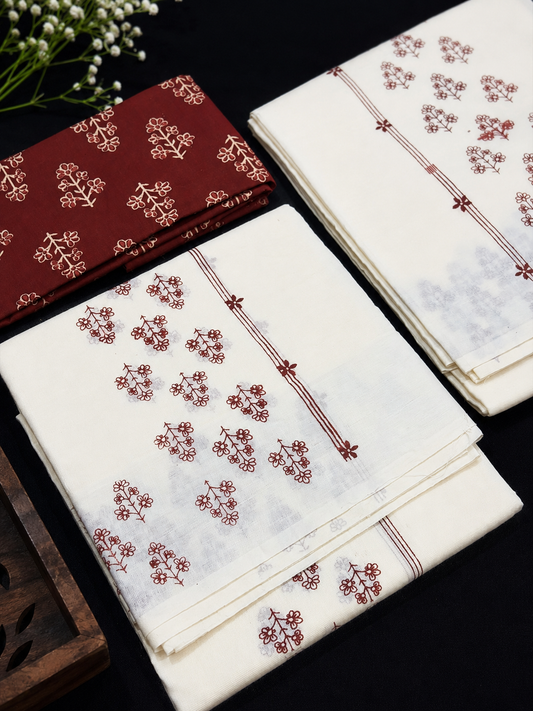 Set mund Floral print simple kara (with Blouse) - Maroon