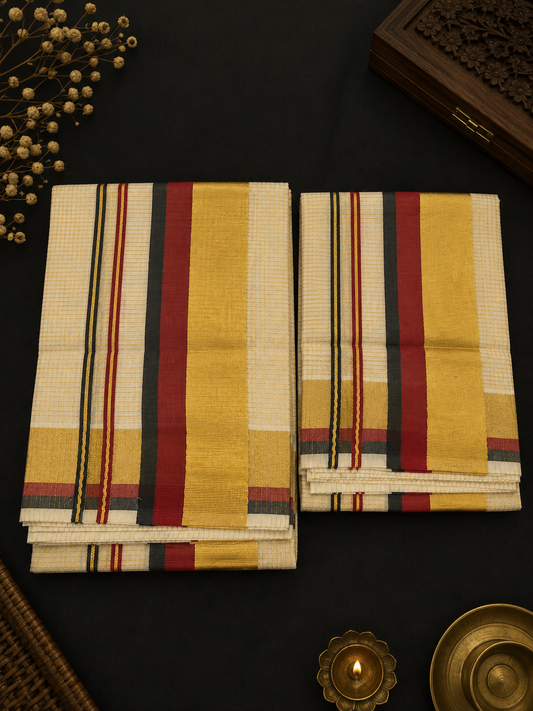 Set Mundu – Maroon & Black with Golden Split Kara & Micro Checks