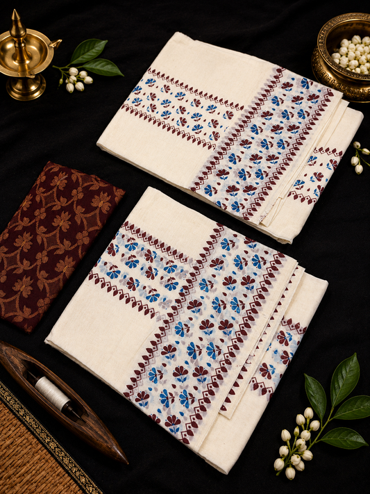 Block Printed Set mund dual color (with blouse) Maroon & Blue