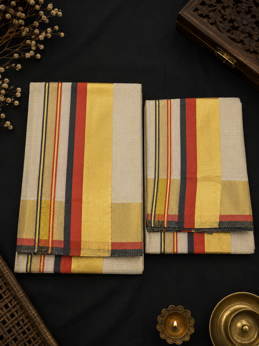 Set Mundu – Orange & Black with Golden Split Kara & Micro Checks
