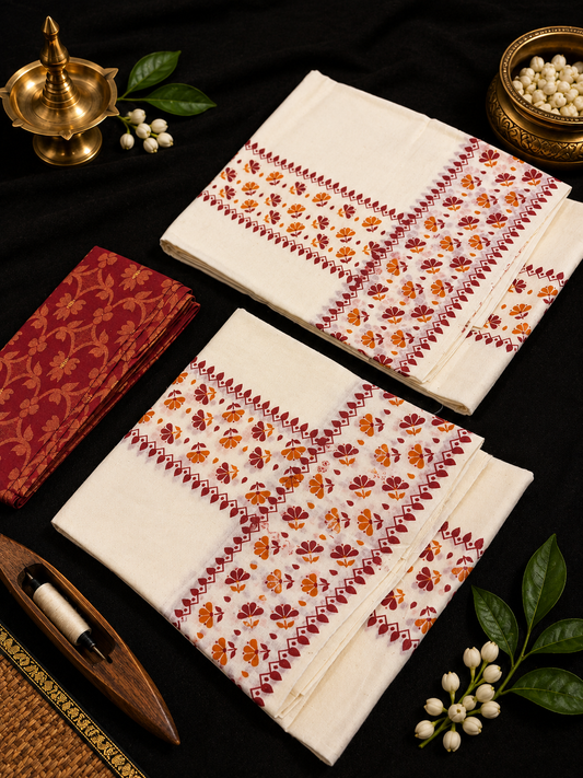 Block Printed Set mund dual color (with blouse) Orange & Maroon
