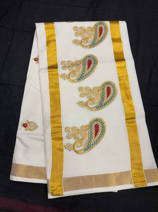 Embroidery Set Saree - Motif Green & Maroon