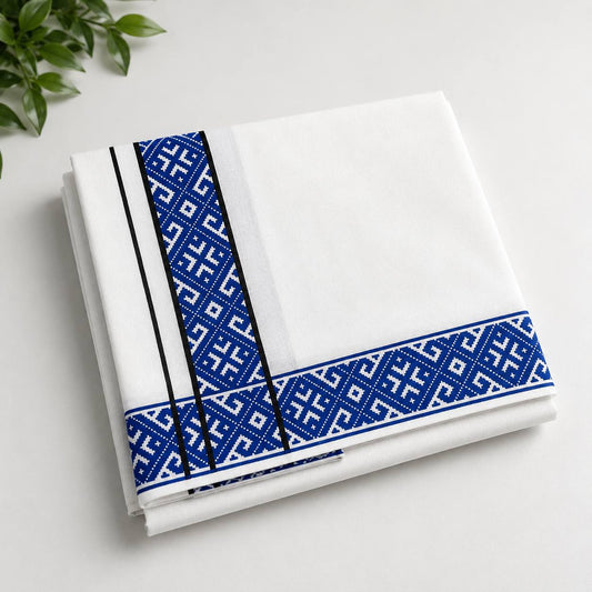 Geometric Kara White Soft Single Dhoti - Blue