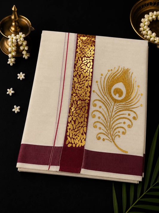 Onam Double Dhothi Golden print Color Kara 03