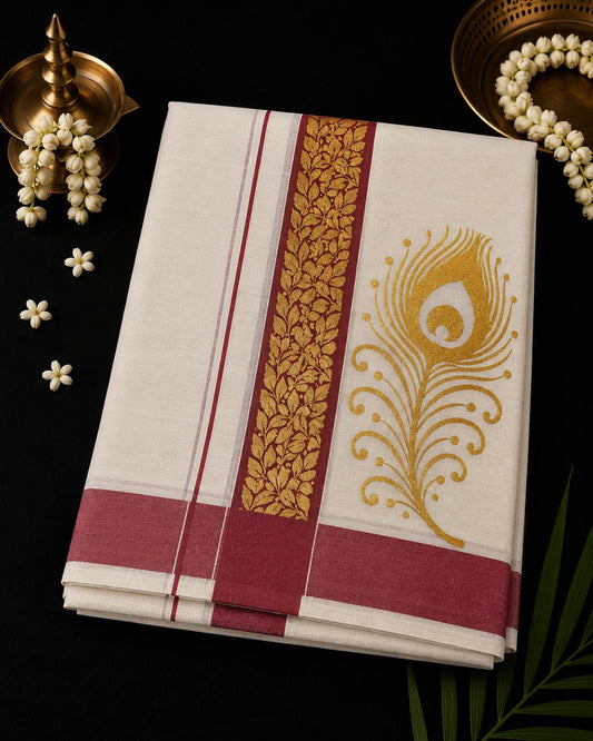 Onam Double Dhothi Golden print Color Kara 05