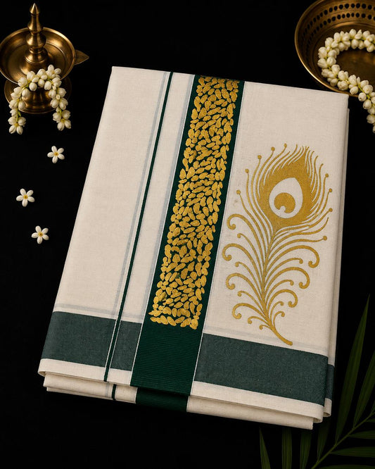 Onam Double Dhothi Golden print Color Kara 06