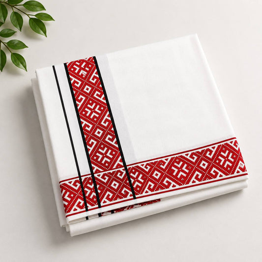 Geometric Kara White Soft Single Dhoti - Red