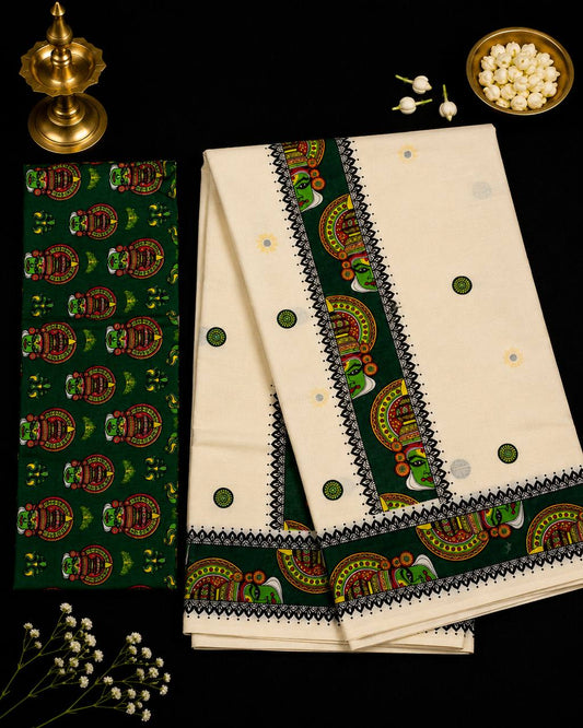 Kathakali Set Saree -  Dark Green (with Blouse)
