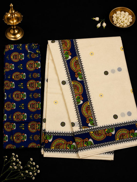 Kathakali Set Saree -  Navy Blue (with Blouse)