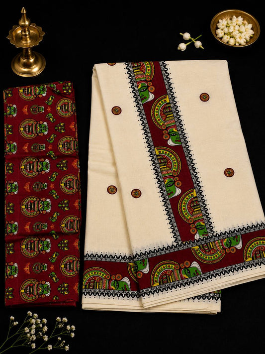 Kathakali Set Saree -  Maroon (with Blouse)